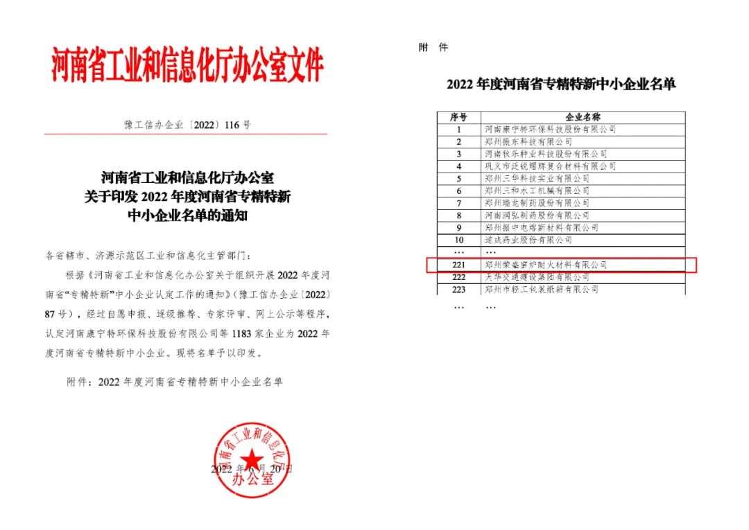 喜讯！荣盛耐材被认定为河南省“专精特新”中小企业~